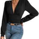 SURRO Women's Bodysuit Shirts Elegant Deep V Neck Leotard Blouses Long Sleeve Belly Hiding Tops Hook Closure XS