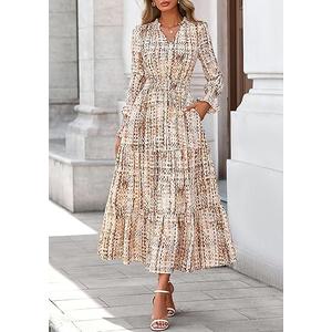 PRETTYGARDEN Women's Floral Maxi Dress 2026 Fall Long Sleeve V Neck A Line Long Flowy Spring Party Boho Dresses L