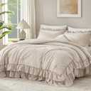 Andency Tan Gingham Ruffle Comforter Set California King, 3 Pieces Lightweight Fluffy Farmhouse Shabby Chic Plaid Bedding Sets, Soft Polyester All Season Cal King Bed Sets (104x96Inch)