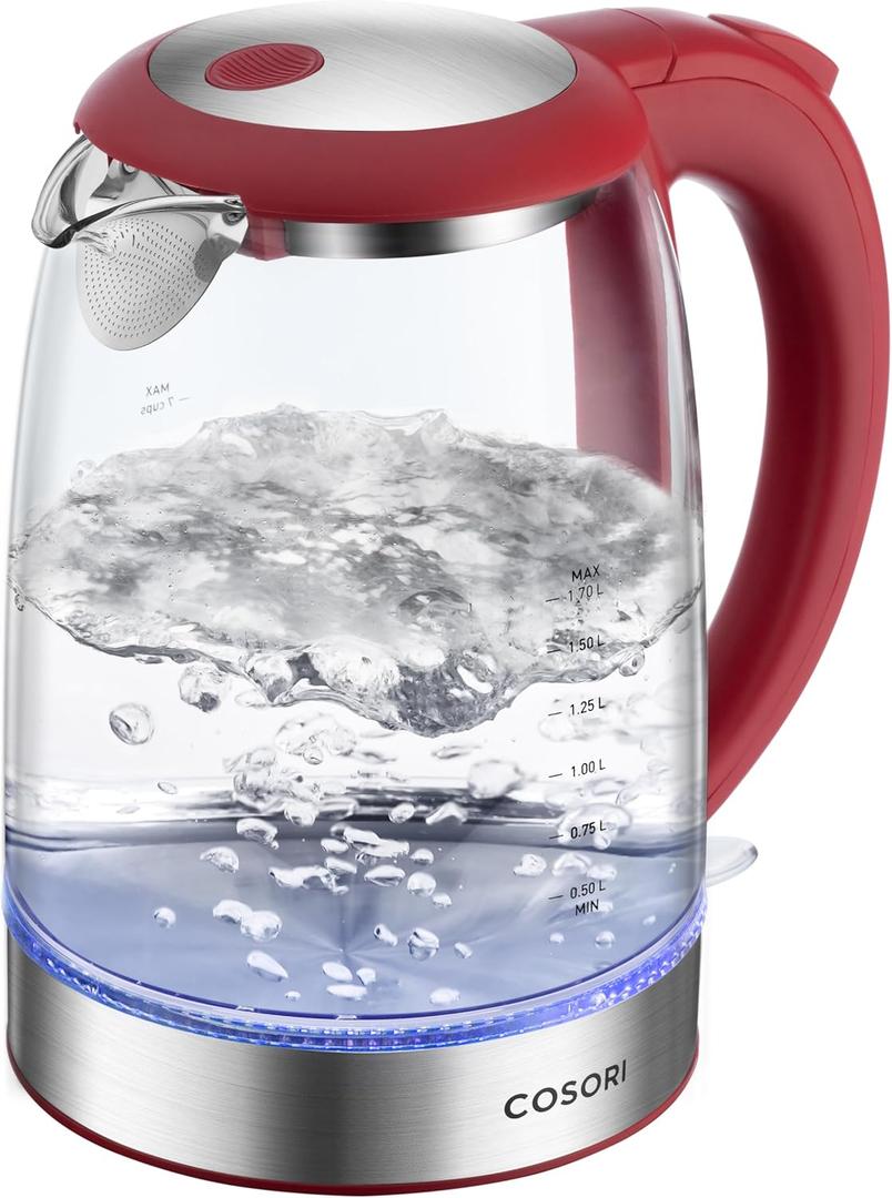 Cosori Electric Kettle, No Plastic Filter & Spout, Tea Kettle & Hot Water Boiler For Coffee & Tea, Water Heater & Teapot, Automatic Shut Off, Borosilicate glass, Red, 1.7L/1500W (1.8 Quarts)