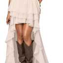 OYOANGLE Women's Boho Layered Ruffle Chiffon Maxi Skirt Y2K Elastic Cowgirl Western Asymmetrical Skirts (Beige, S)