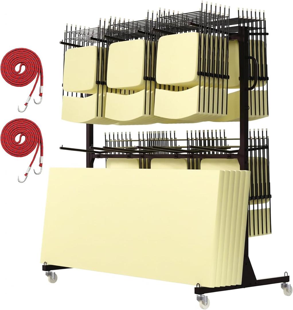 Folding Chair Rack, Folding Chair Cart Holds 84 Folding Chairs or 12 Table, of 800 LBS Capacity with 4 Swivel Wheels, Dust Cover and 2 Binding Ropes