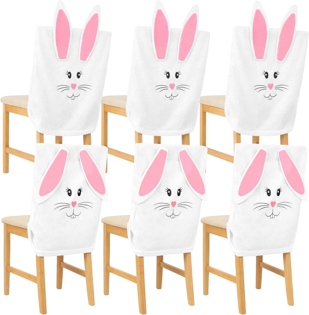 Irenare Easter Bunny Chair Cover Set of 6 Cute Rabbit Chair Back Cover Removable and Washable Stretch Animal Slipover for Spring Dinning Table Room Kitchen Holiday Birthday Party Decor