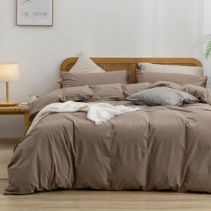 BESTOUCH Duvet Cover Set 100% Washed Cotton Linen Feel Super Soft Comfortable Chic Lightweight 3 PCs Home Bedding Set Solid Pine Bark Brown King (King (104" x 90"))