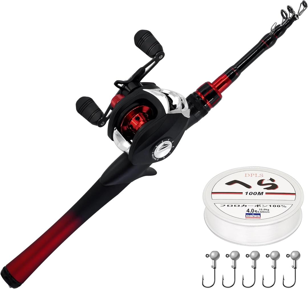 Kilitn Fishing Rod and Reel Combo, Baitcasting Combo Baitcast Reel 5 Foot Durable Fiberglass Telescopic Rod with Fishing Line Full Kits Comfortable Handle (Left) Black