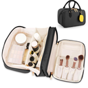 Travel Makeup Bag for Women Fashion Large Capacity Pouch Open Flat Cosmetic Portable Organizer Waterproof Large Opening Storage Toiletry Bags Vertical Free-Standing Brush Holder for Easy Access Black