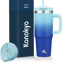30 oz Tumbler with Handle and 2 Straws,2 in 1 Lid Insulated Water Bottle Stainless Steel Travel Coffee Mug,Sky