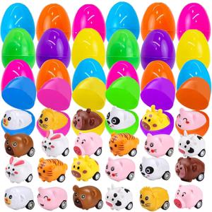 euoloar 24 PCS Prefilled Easter Eggs With Animal Pull Back Car, Filled Easter Eggs for Easter Hunt Game Basket Fillers Kids Party Favors