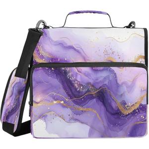 Purple Marble Waterproof Zipper Binder with Shoulder Strap, 3-Ring Trapper Keeper with Lay-Flat Design and Multiple Compartments for School & Office, Adults & Kids