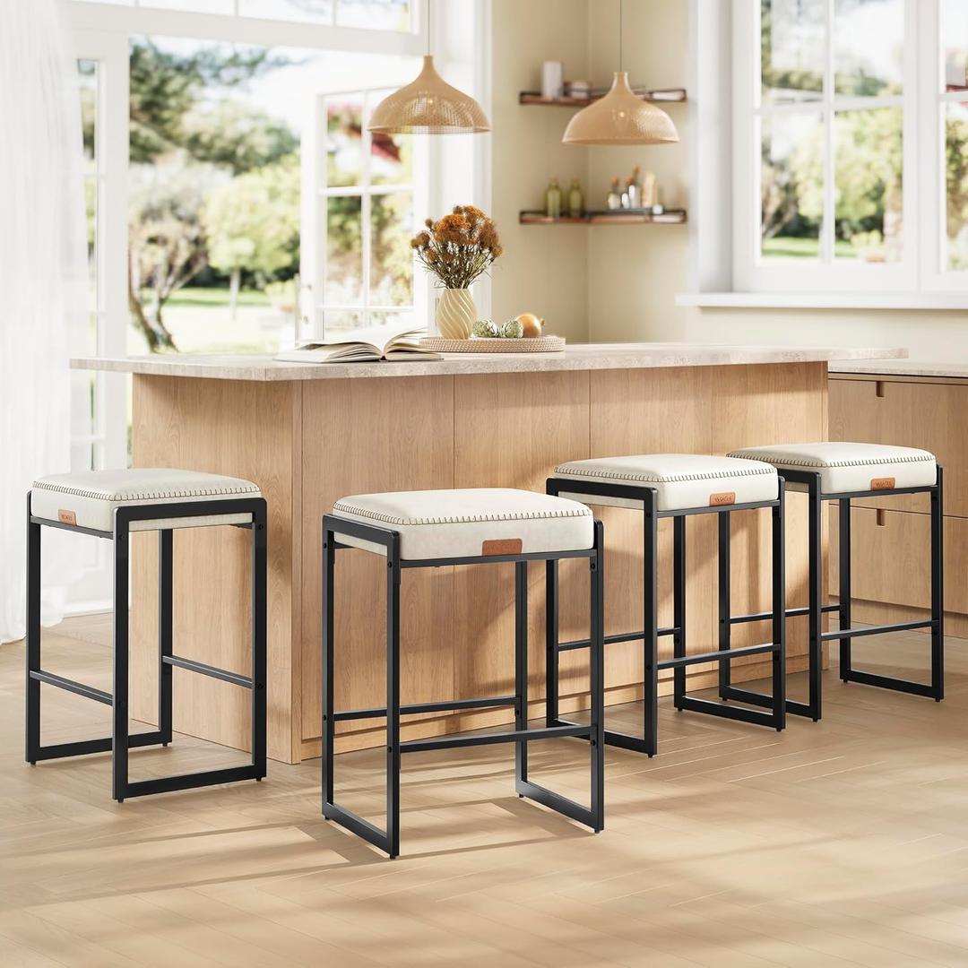 VASAGLE EKHO Collection - Bar Stools Set of 4, Counter Height Bar Stools, Synthetic Leather with Stitching, Mid-Century Modern Counter Stools, 26-Inch Tall, Kichen Home Bar Dining Room, Cream White