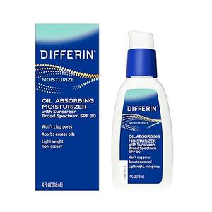 Differin Oil Absorbing Moisturizer with SPF 30, Sunscreen for Face by the makers of Differin Gel, Gentle Skin Care for Acne Prone Sensitive Skin, 4 oz (Packaging May Vary) Best By: 2027/04