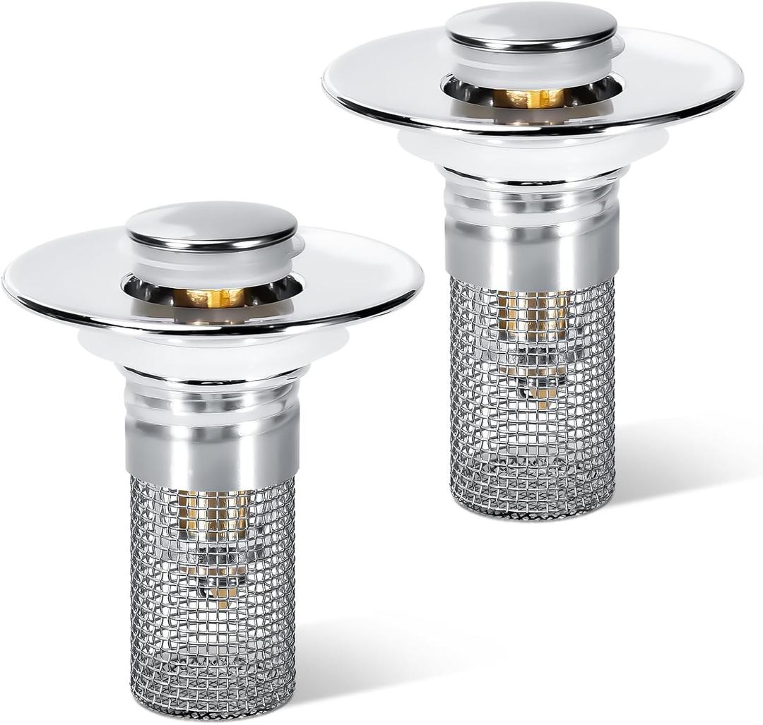 BOTEMY Bathroom Sink Drain Strainer,Pop-up Bathroom Sink Stopper fits 1.02"-1.2" Bathroom Sink Drain Holes in Diameter, Bathtub Drain with Removable Strainer Basket Hair Catcher(2 PCS, Silver)