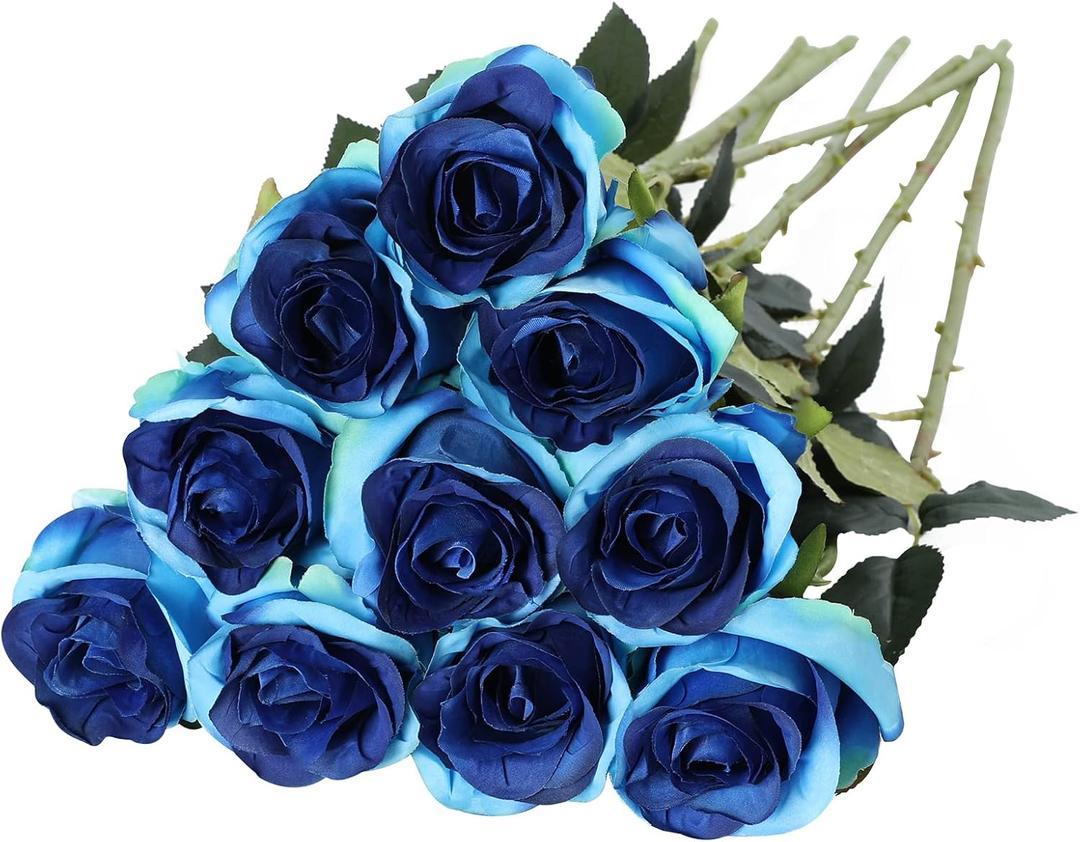 Nubry Artificial Silk Rose Flower Single Stem Lifelike Vintage Fake Rose for Wedding Bouquet Floral Arrangements Home Party Centerpiece Decoration, 10pcs (Vintage Royal Blue)