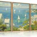 Large Coastal Sailboat Framed Canvas Wall Art Set,Summer Seascape Wall Decor,Nautical Blue Ocean Art Prints,Nature Beach Artwork for Living Room,Bedroom,Dining Room,Office-24 x36 x3