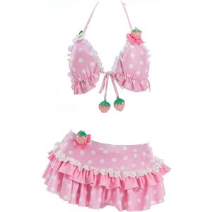haikyuu Women Strawberry Bikini Set Vintage Polka Dots Swimsuit Kawaii Cute Bathing Suit Y2k Swimwear (Pink, S)