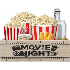 Wooden Movie Night Snack Tray with Handles  Reusable Popcorn Bucket Organizer for Theater Room Decor  Sturdy Gift Basket for Family Movie Nights & Holiday Parties (Movie Night)