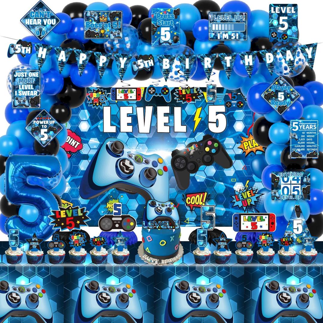 KOTLMIGHT 5th Birthday Decorations for Boys, 149Pcs Blue Video Game level 5 Party Supplies for Boy 5th Birthday - Backdrop, Banner, Balloons, Tablecloth, Centerpieces, Hanging Swirls, Wall Signs