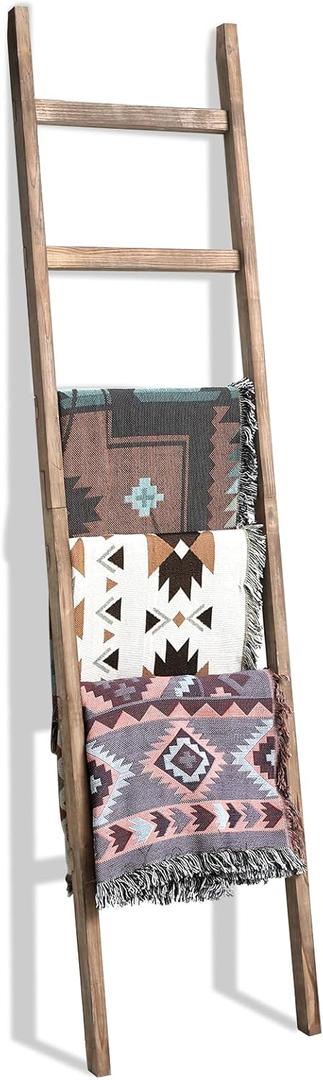 FUIN 6.4ft Extra Wide Wooden Blanket Ladder Living Room Decorative Wal Leaning Farmhouse Quilt Display Holder Rustic Wood Towel Rack for Bathroom, Burnt Brown, 18.5 inch Wide