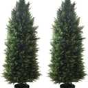 Artificial Topiary Tree 2-Set - Beautiful Realistic Faux Cedar Pines, 4 Feet Tall, UV Protection for Longer Life, 6" Wide Heavy Duty Pots for Outdoor & Indoor Decor