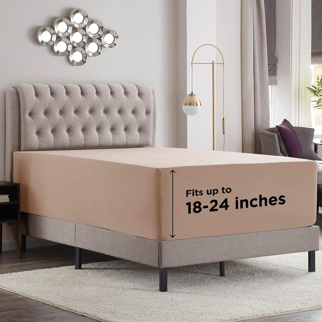 Empyrean Taupe Extra Deep Pocket Fitted Sheet Queen, Hotel Luxury Queen Fitted Sheet Only Easily Fits 18 to 24 Inch Mattress, Super Soft, Wrinkle-Free, and Breathable Bottom Sheets with Corner Straps