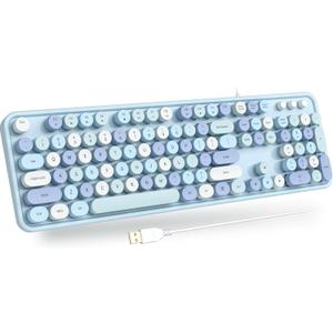 USB Wired Computer Keyboard - Retro Typewriter Keyboard - Full Size Office Keyboard with Number Pad, Caps Indicators, Foldable Stands, for PC Laptop Desktop Windows (Blue Colorful)