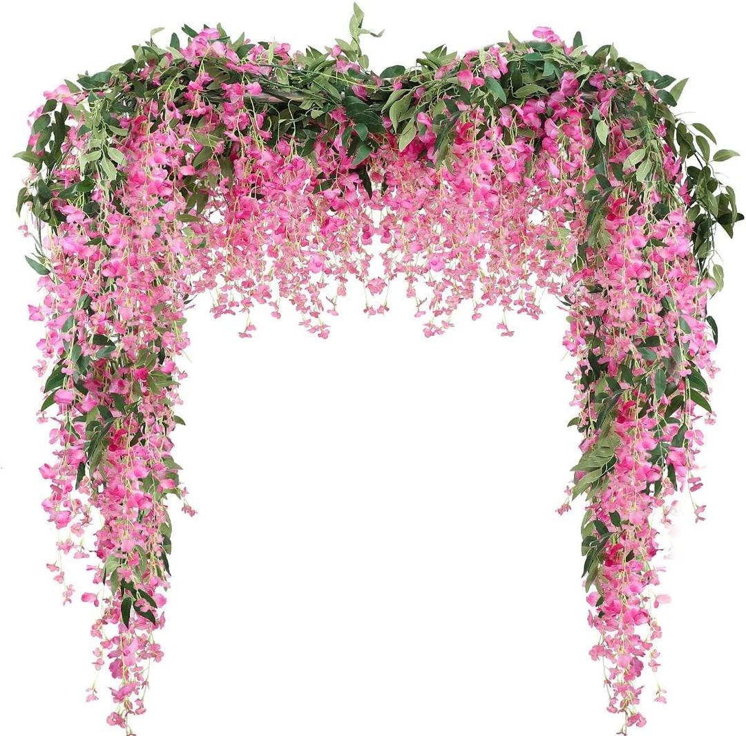 Veryhome 3Pcs 7.2Ft/Piece Artificial Flowers Wisteria Garland Artificial Wisteria Vine Hanging Flower Greenery Garland for Home Garden Outdoor Wedding Arch Floral Decor (Fuchsia)