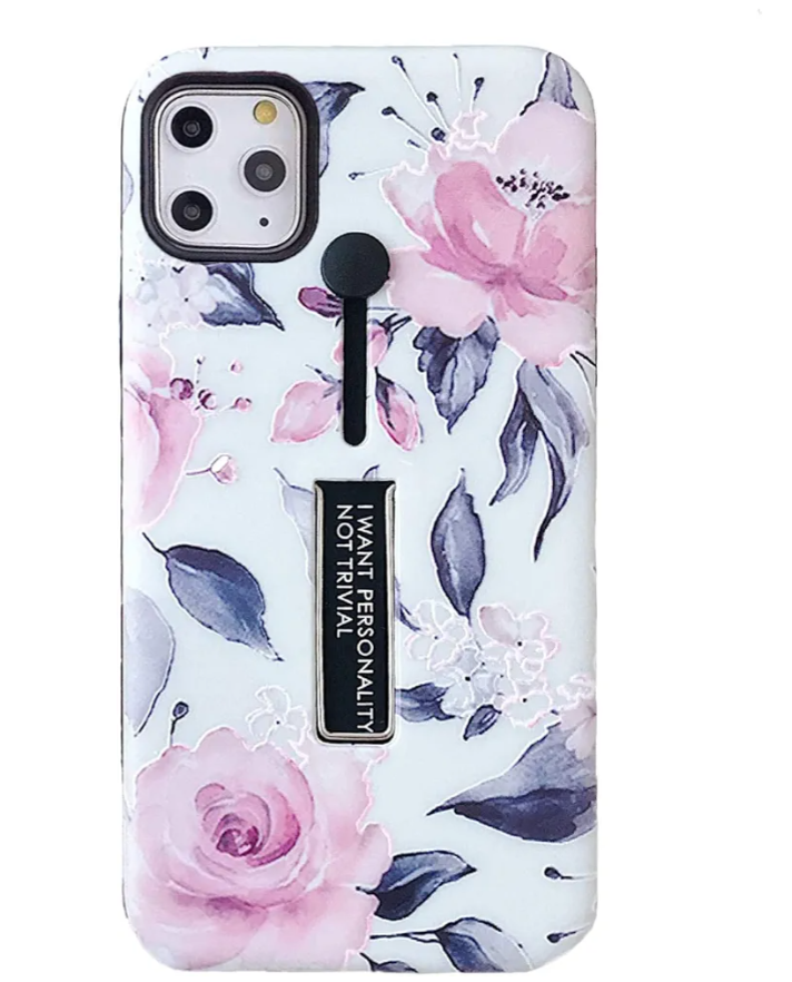 Compatible with iPhone 11 Pro Case Finger Grip,3D Embossed Pink Flowers White Shell Design,Rugged Shockproof Slim Fit Dual Layer Finger Ring Loop Strap Case,Invisible Bracket Phone case