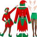 Haysandy 6 Pcs Elf Christmas Costume Set Including Costume Dress with Belt Elf Hat Shoes Covers Christmas Striped Tights Cosplay Fairy Pixie Ears for Women Accessories