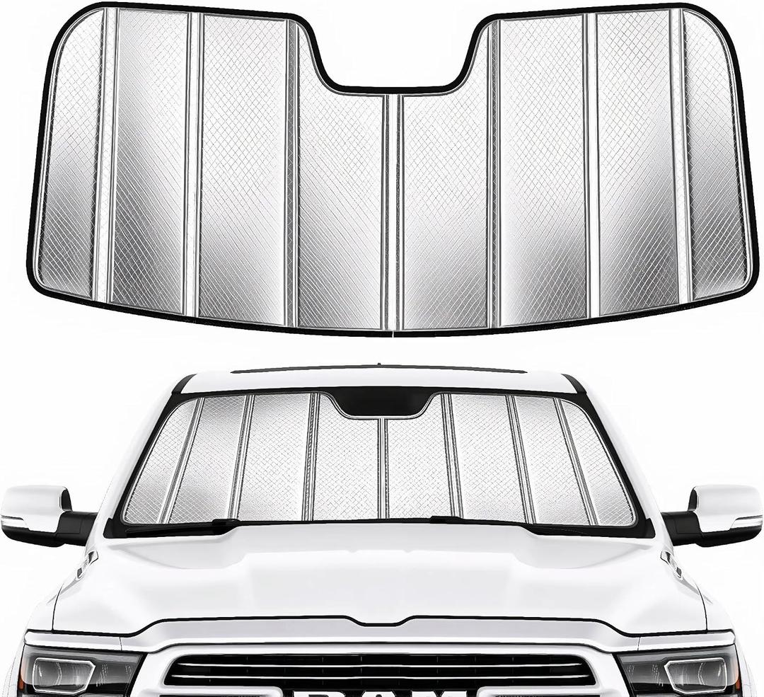 Custom Fit Windshield Sun Shade for Ram 1500 2019-2026 with 5 inch Wide Sensor, Foldable 3-Layer High Reflective Silver Sunshade, Blocks UV Rays and Reduces Cabin Heat