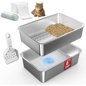 19.6''x13.7''x6'' Suzzipaws Stainless Steel Litter Box, Open Top Sifting Litter Box for Pine Pellets, Metal Litter Pan Tray System with Pee Pads & Liners, Odor Control, Low Dust, Easy Cleaning