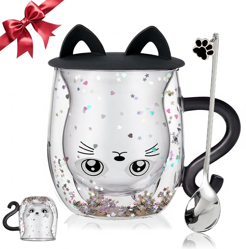 Gifts for Women Cat Gifts Double Walled Glass Coffee Latte Cup Cute Stuff Black Cat Mug Gifts for Her Christmas Stocking Fillers,Birthday,Valentines,Halloween Presents for Women,Men,Kid,Mum,Teacher