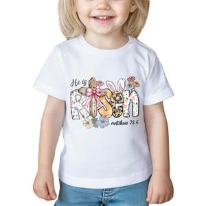 Boys Easter Shirt for Toddler Girls Kids Easter T-Shirts Tops Funny Bunny Graphic Tee Short Sleeve 2-8Y (He is Risen Matthew 28:6)
