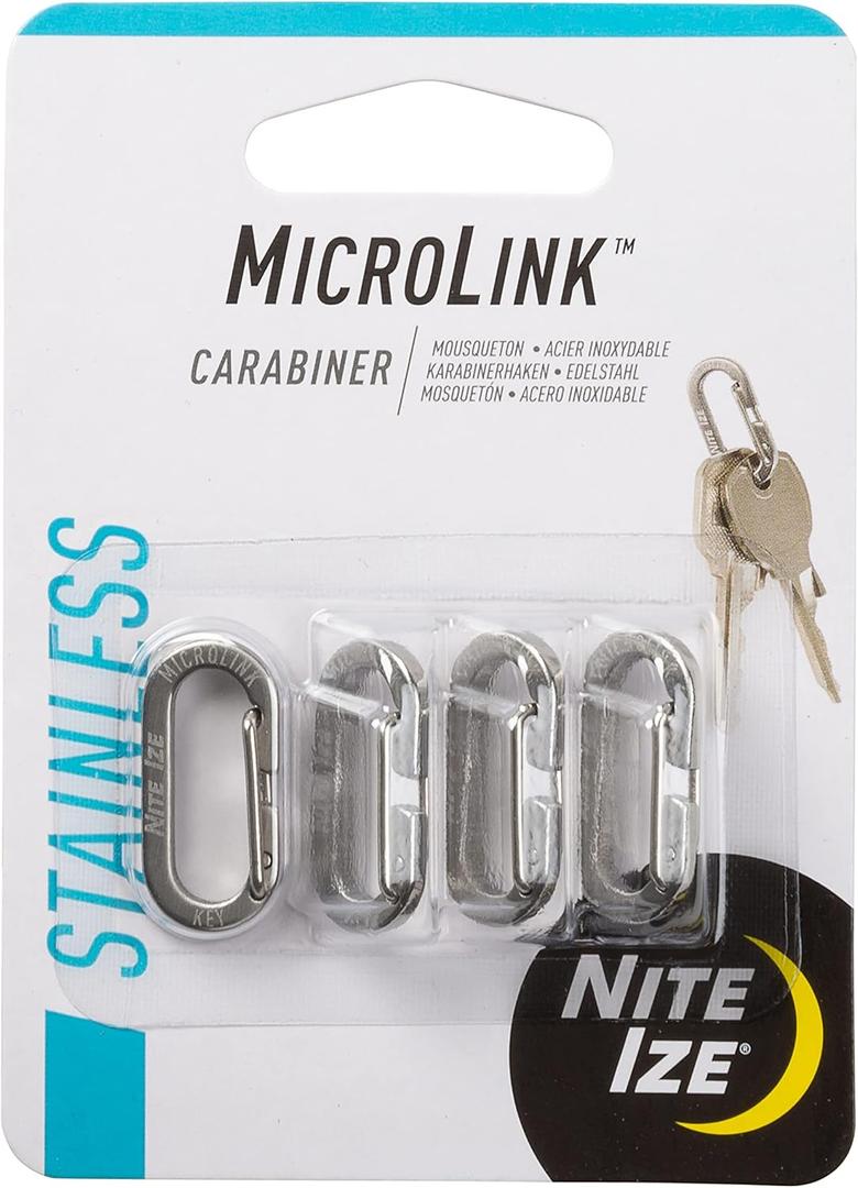 Nite IZE MicroLink Carabiner, Stainless Steel Mini Key Rings for Keys Fobs MultiTools and More, 4 Pack