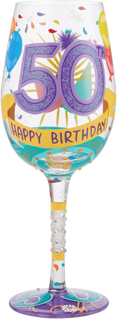 Enesco Designs by Lolita Happy 50th Birthday Hand-Painted Artisan Wine Glass, 15 Ounce, Multicolor