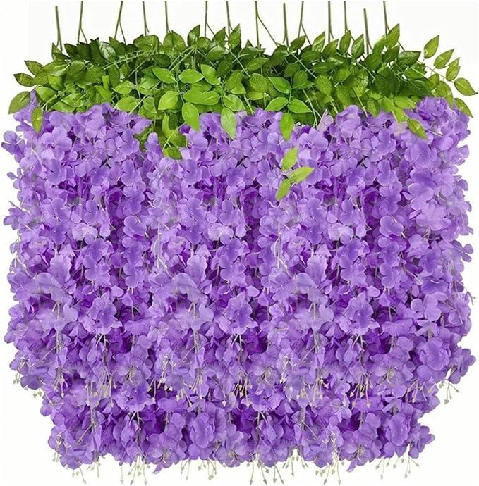 14PCS Artificial Wisteria Hanging Flowers, Six Leaf Blue Garland Silk Flowers Decoration, 43 Feet Fake Wisteria Vine Rattan String for Home Office Wedding Wall Garden Outdoor Party Violet