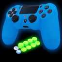 Blue Controller Skin Silicone Grip Glow in Dark Protective Case Compatible with PS4/Slim/Pro Controller with 8 Glow in The Dark Thumb Grips Caps + 2 Cute Cat Paw Thumb Grips Caps.