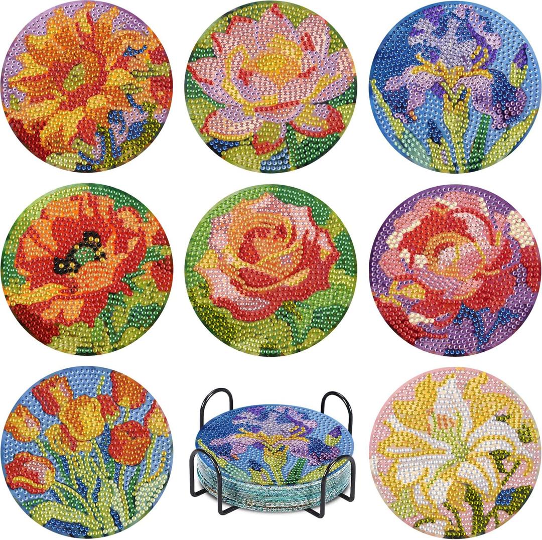 Leatrice Diamond Art Coasters Set of 8, Small Diamond Painting Kits for Adults Beginners Funny Arts Supplies for Women (AB Flower)