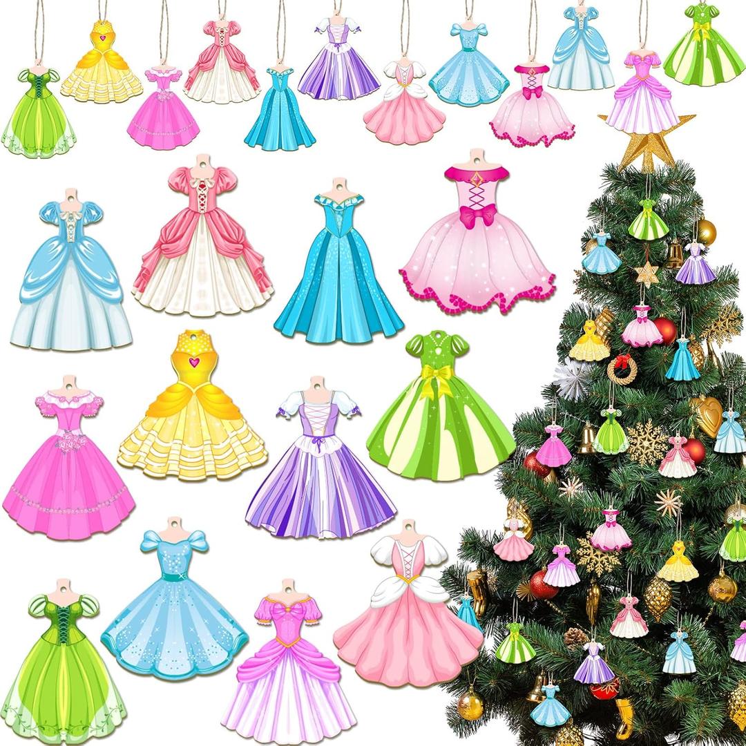 Amyhill 24 Pieces Princess Dress Ornaments for Christmas Tree Wooden Princess Hanging Ornaments for Christmas with Rope Xmas Gifts for Girls Party Supplies Decorations