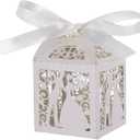 Tinksky 100pcs Wedding Candy Boxes Couple Design Luxury Lase Cut Party Wedding Favor Ribbon Candy Boxes Gift Box Table Decorations (White)