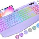 Wireless Keyboard with 9 Effects Backlits, Wrist Rest, Phone Holder, Rechargeable Ergonomic Computer Keyboard with Silent Keys, 2.4G Lag-Free Cordless Set for PC, Laptop, Windows, Mac (Keyboard Only) (Grape Purple)