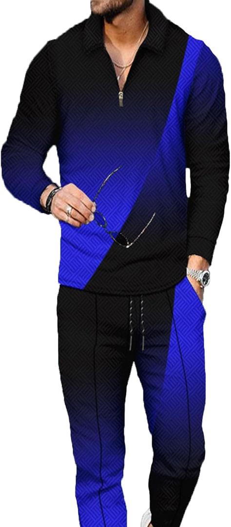 Kubsid Mens Tracksuit Set 2 Piece Long Sleeve Polo Shirt and Pants Jogging Sweatsuits Sets Casual Fashion Vacation Outfits (X-Large, Black Blue Mixed)