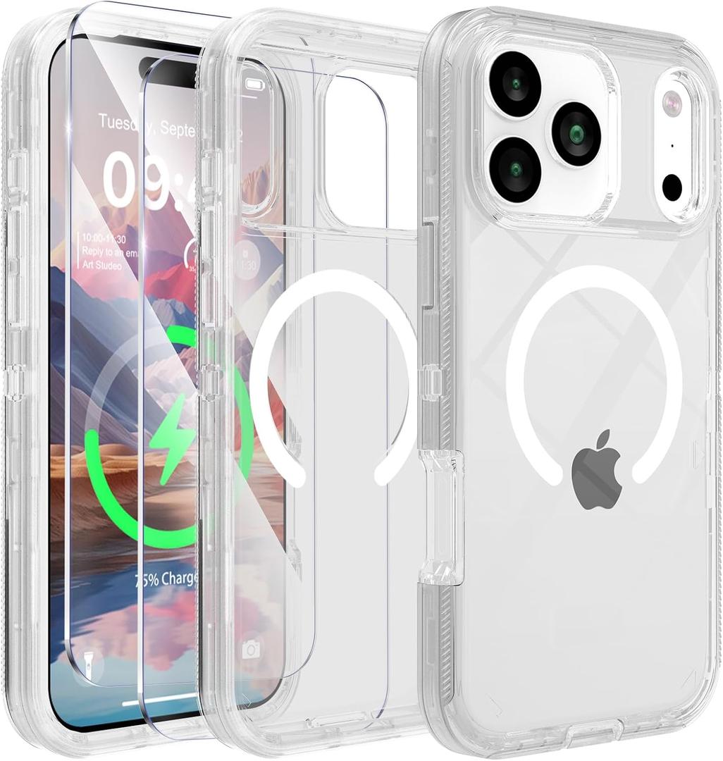 Compatible with iPhone 17 Pro Max Case with Screen Protector, Shockproof, Compatible with MagSafe, 3-Layer Drop Protection, Heavy Duty Magnetic Phone Case Cover, 6.9", Crystal Clear