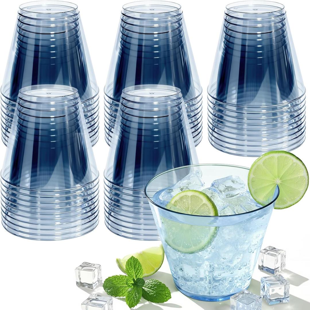 9 oz Clear Plastic Cups Blue Plastic Disposable Cups for Cocktail 150 Pack Fancy Cocktail Cup for Party Stemless Wine Glasses for Party Wedding Graduation Birthday