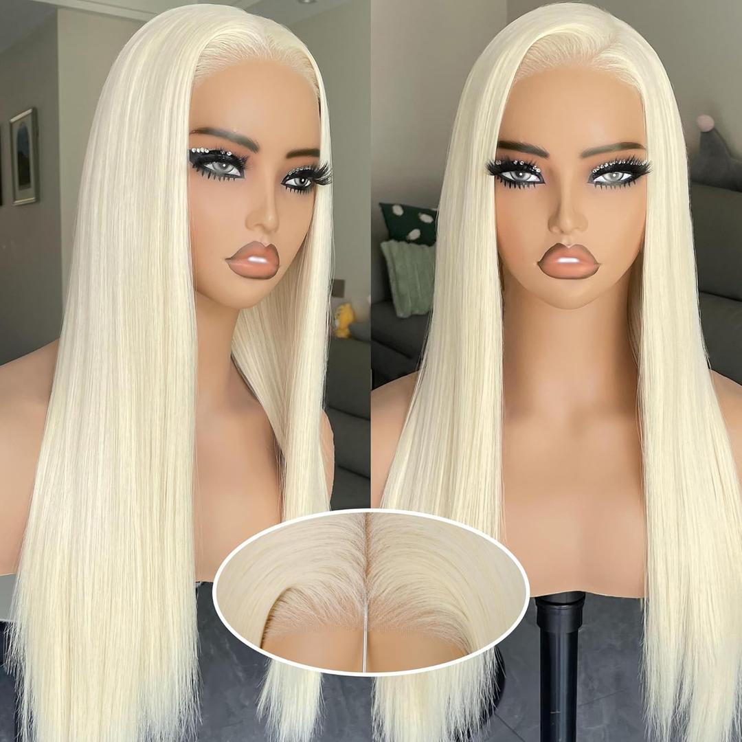 BLL Blonde Lace Front Wig, Platinum Blonde Glueless Wigs Pre Plucked Pre Cut 6x5 Lace Synthetic Easy to Wear Put on and Go Long Straight 613 Wigs for Women 26inch Beginner Friendly