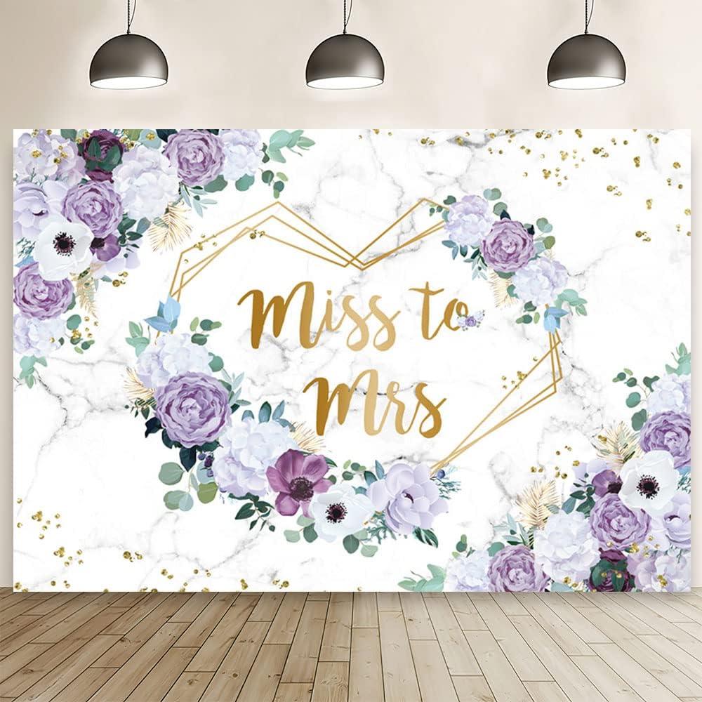 7x5ft Miss to Mrs Floral Backdrop for Bridal Shower Violet Purple Flowers Photography Background Gold Hearts Geometric Couple Wedding Party Decorations Bride to Be Engagement Banner Props