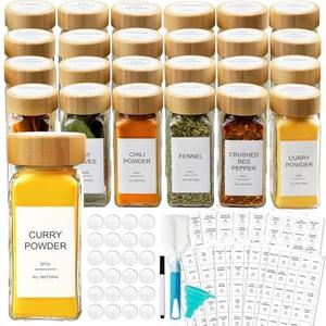 AISIPRIN Glass Spice Jars with 398 Labels, 24 pcs 4oz Spice Containers with Bamboo Lids, Square Spice Bottles With Shaker Lids, Spice Organization for Cabinet, Drawer, Rack, Seasoning Organizer