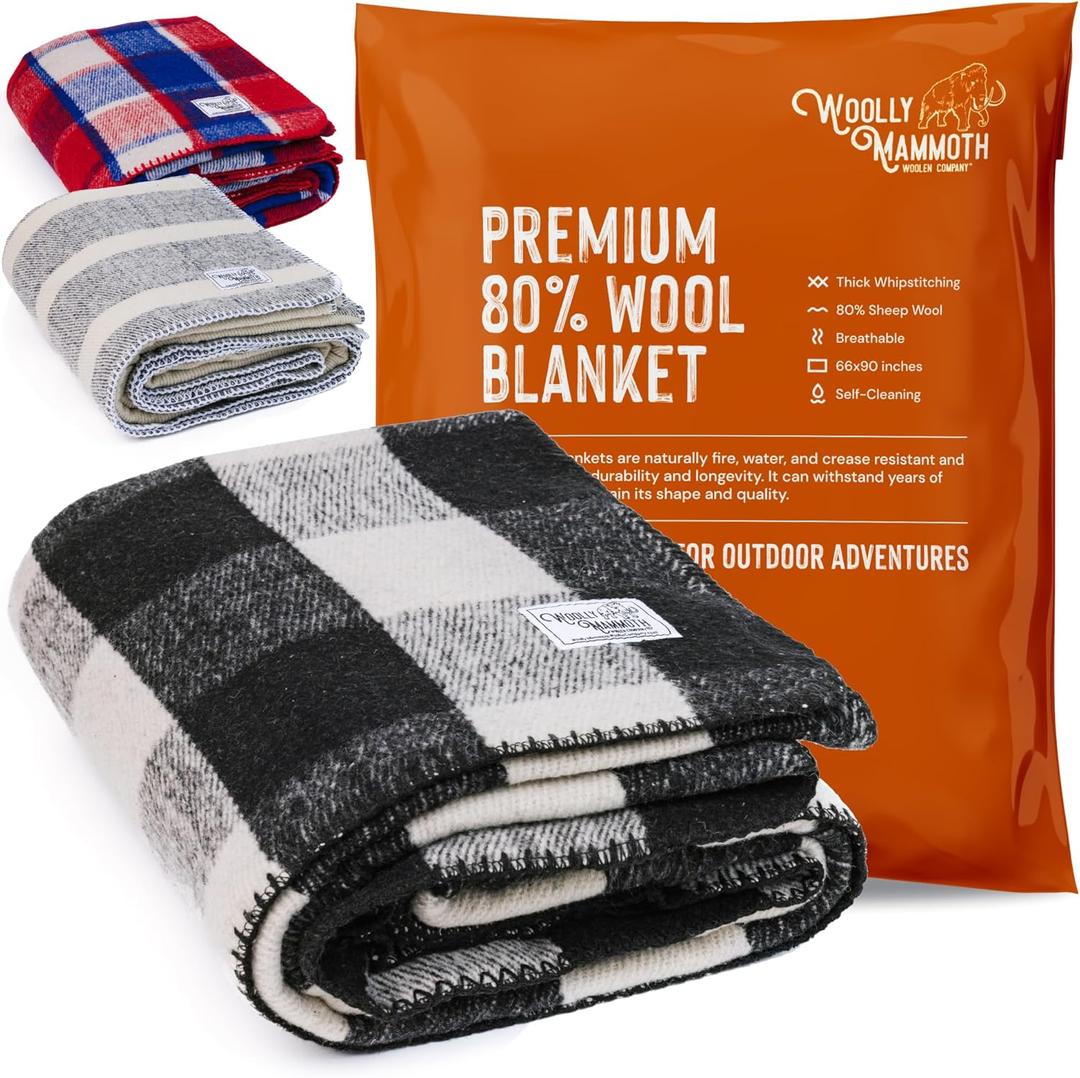 Woolly Mammoth Merino Wool Blanket- 66" x 90" 4 lbs Thick, Outdoor/Indoor Throw for Campfire, Picnic, Beach, Van Life, Home, Heavy Duty Insulating Sleep Plaid, Twin Size Bed, Black/Cream Design