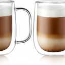 CNGLASS Large Double Wall Glass Coffee Mug 15.2oz,Clear Insulated Glass Espresso Cup with Big Handle, Set Of 2