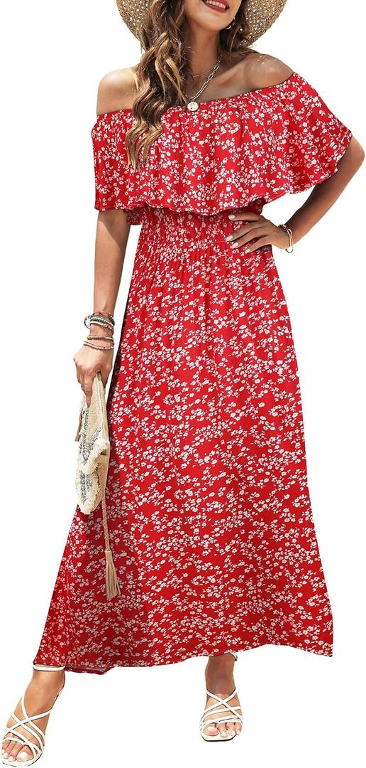 Bluetime Womens Maxi Dress Off Shoulder Floral Print Boho Beach Long Summer Dresses S