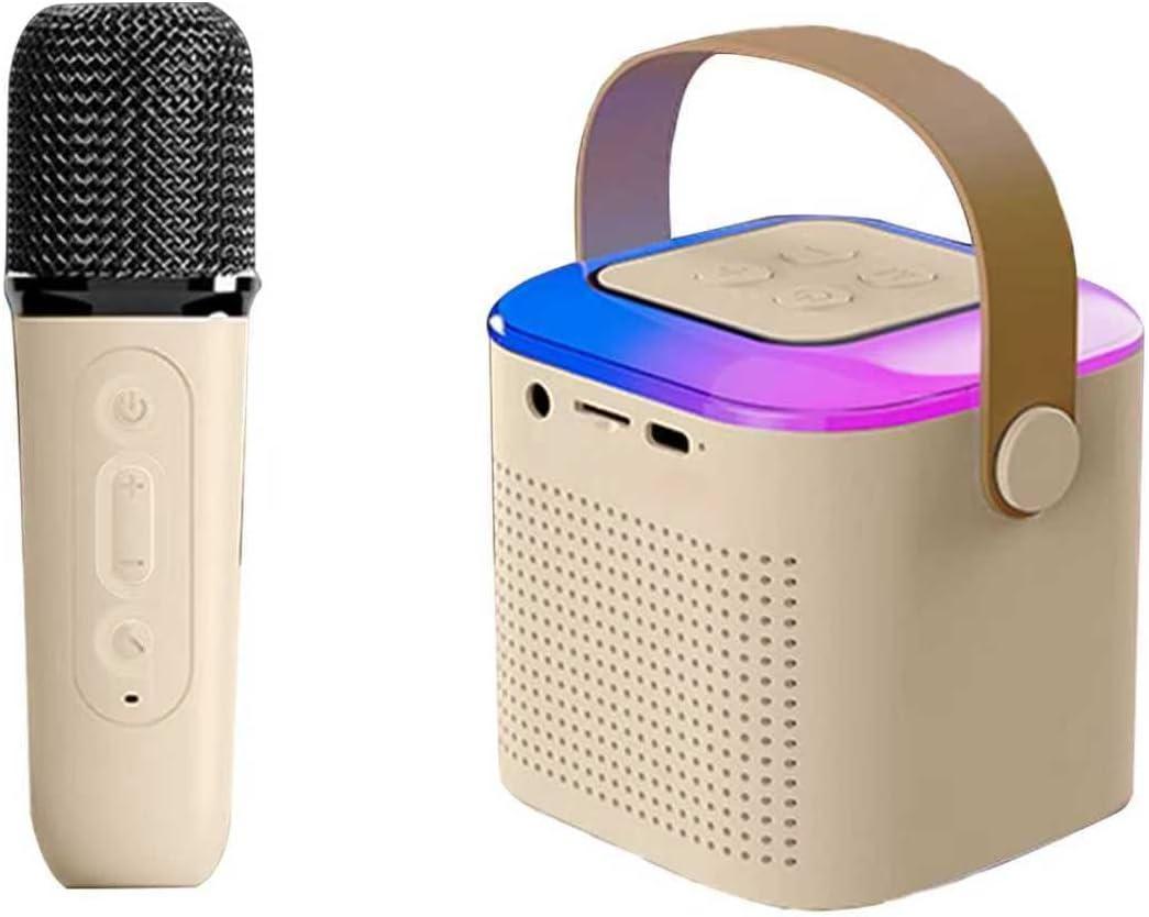 Karaoke Machine for Kids and Adults, Mini Karaoke Bluetooth Mic Singing Speaker with Wireless Microphones and 7 Color Lights, Toys for All Phones, Birthday, Children's Day Gift, Family Party (Beige)